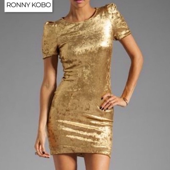 Ronny Kobo Torn Mina Gold Crushed Velvet Mini Dress. Size Medium Retail $225 - Picture 1 of 8